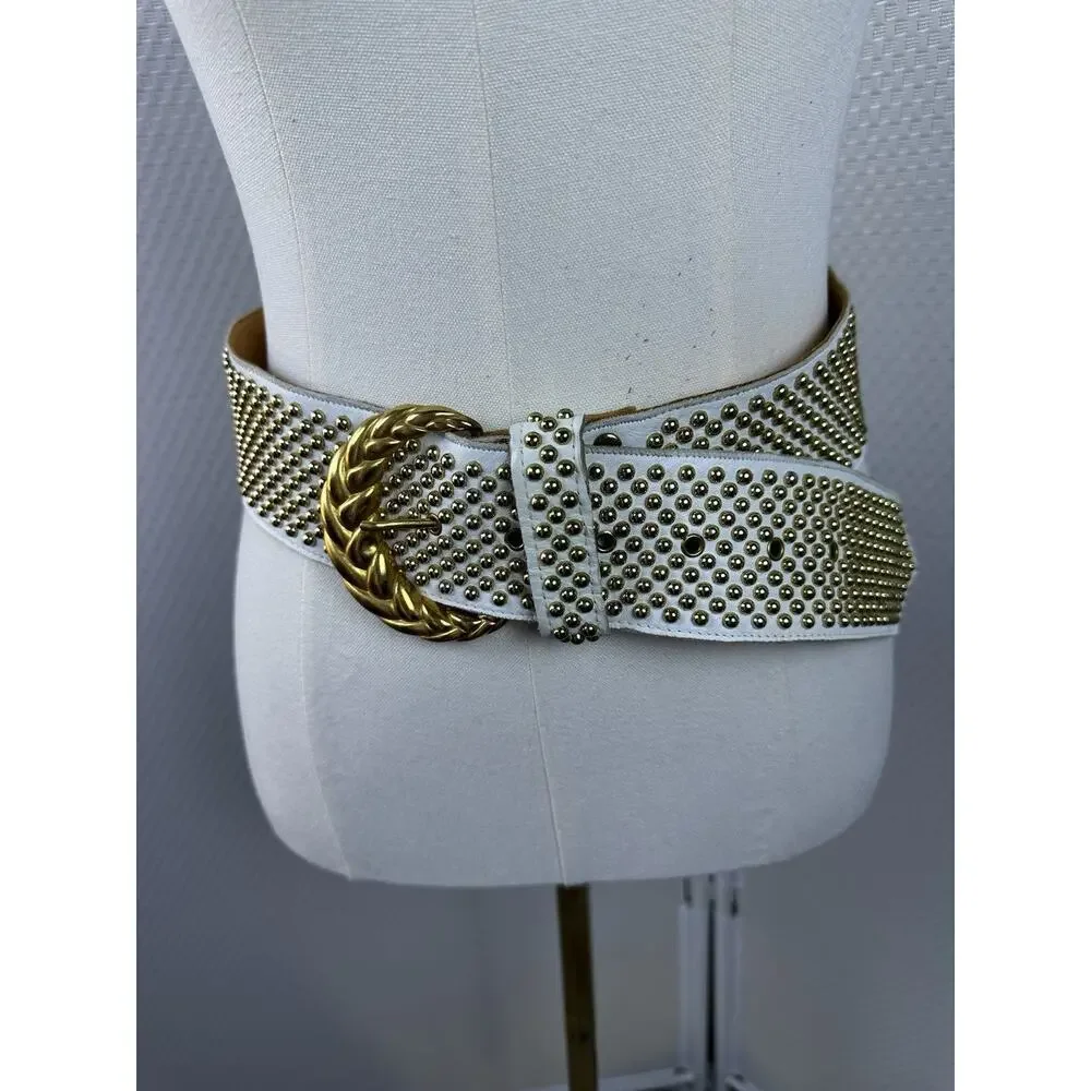 SAND CASTLE Vintage Studded Crystal Ivory Leather Belt Women's M (27”34